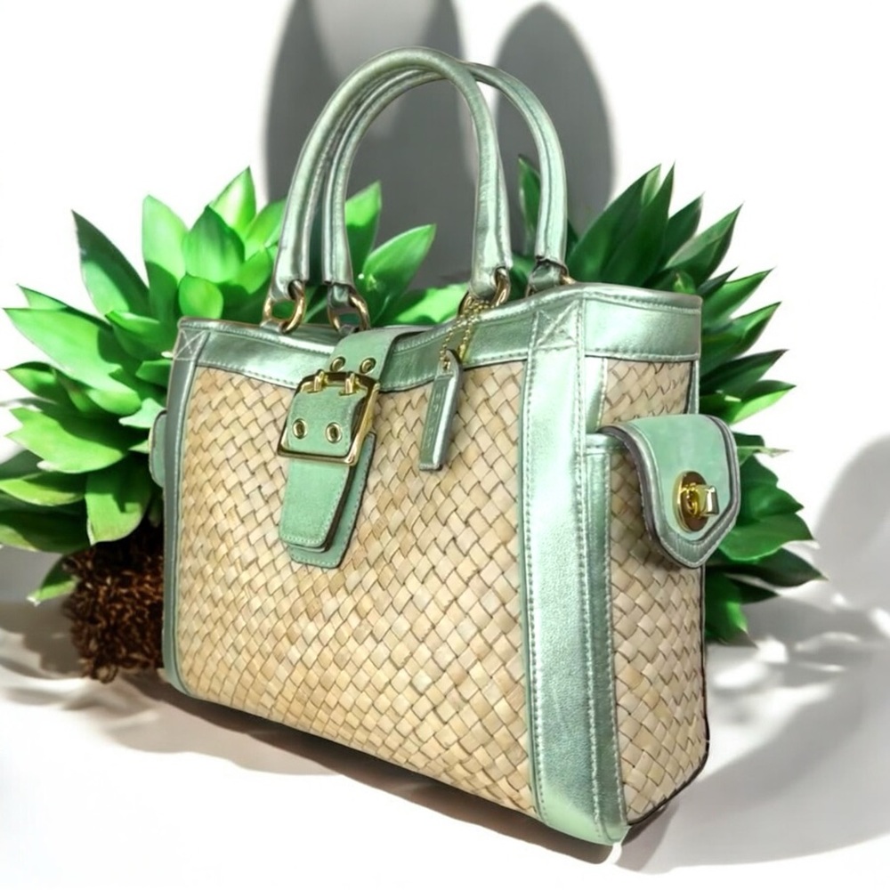 Coach Green and Tan Tote with Woven Design - Picture 14 of 16
